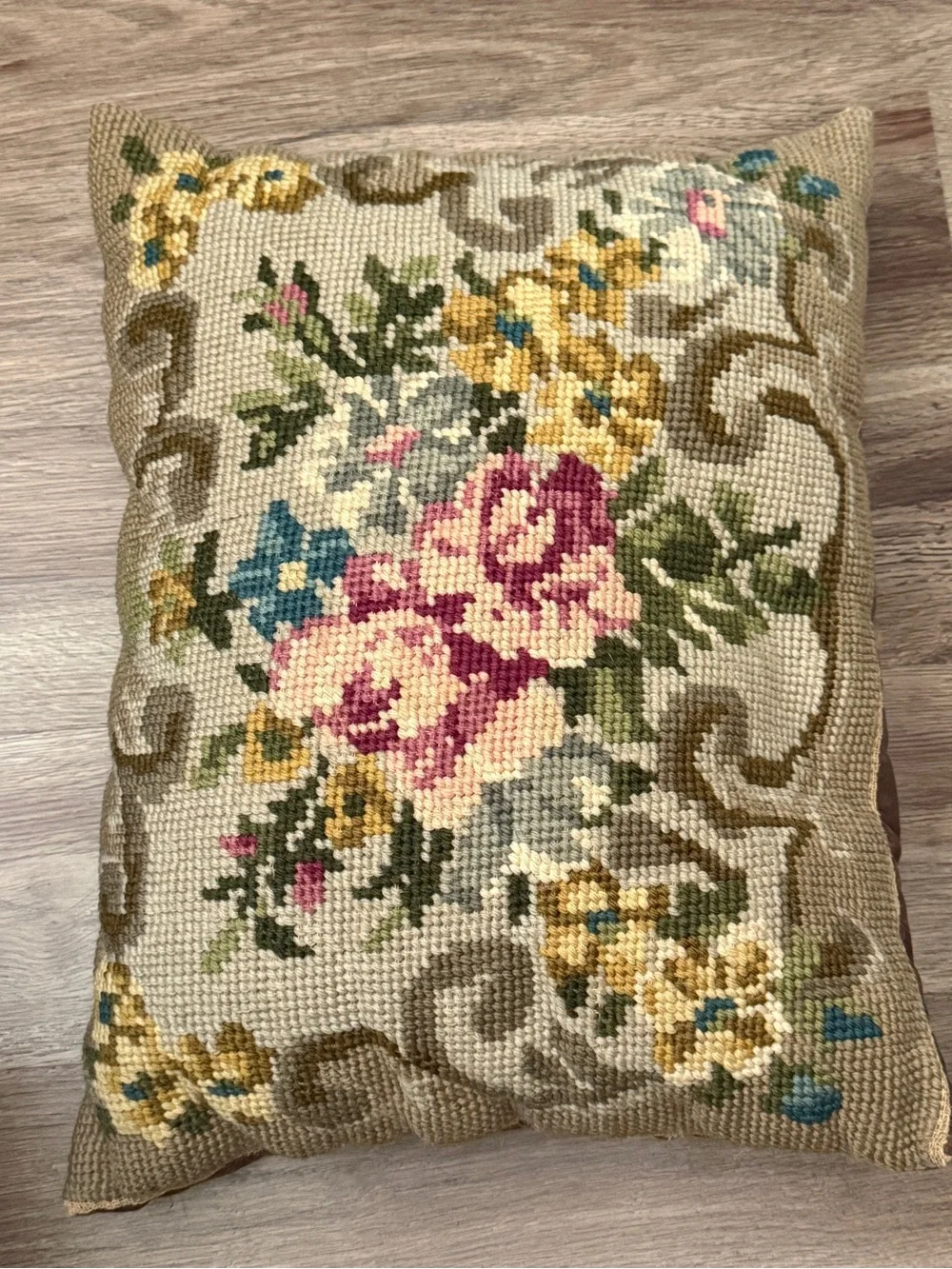Vintage Floral Needlepoint Lumbar Throw Pillow 16x12 Roses Bouquet Cottagecore
